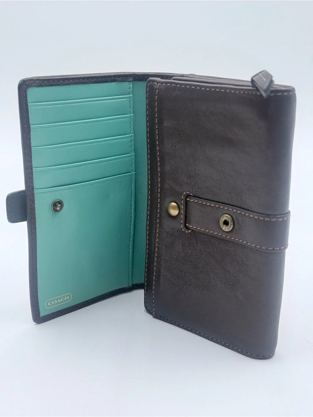 Vintage Coach Soho Buckle Trifold Leather Women’s Wallet Turquoise Interior